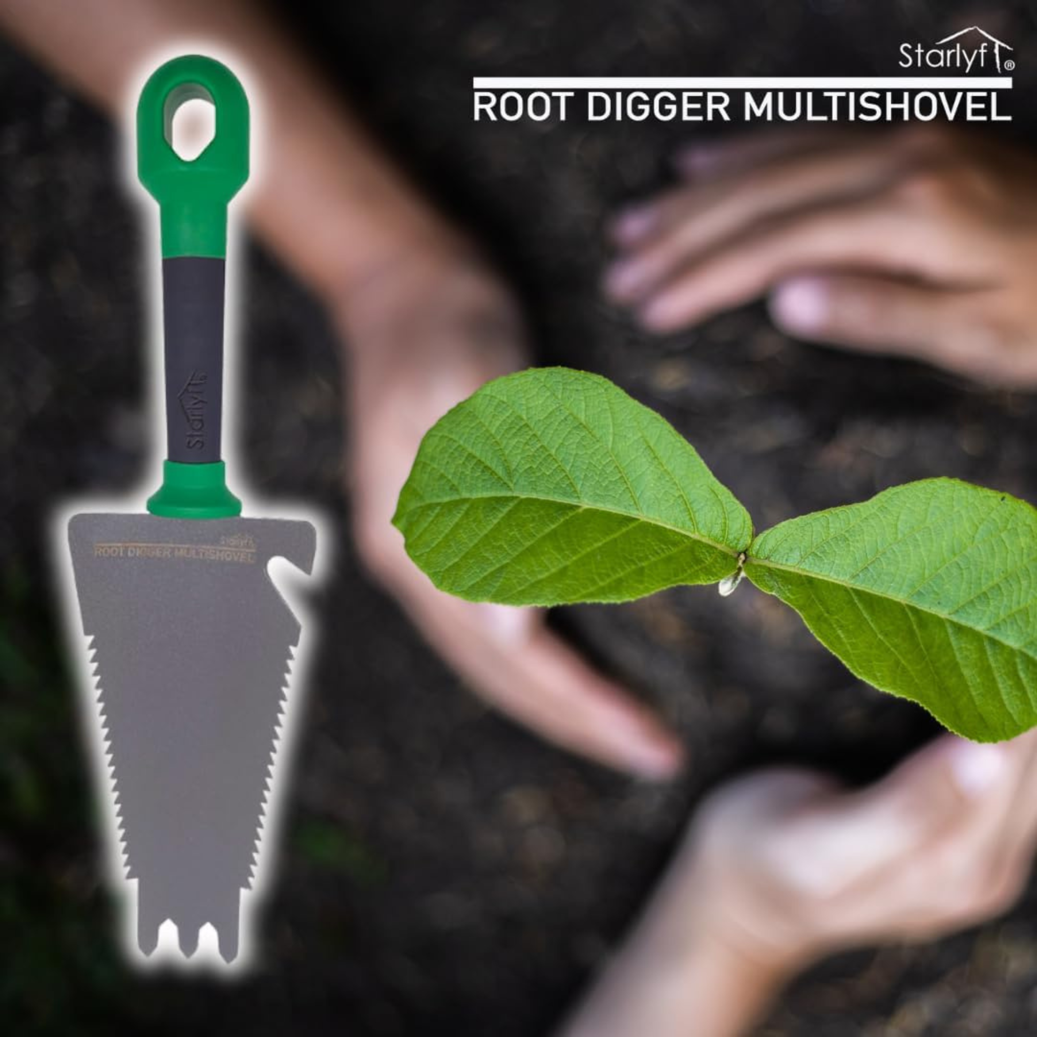 Wurzelgräber Multishovel. Grüner Griff, Metallklinge mit Zähnen, zwei Hände im Hintergrund und Blätter.