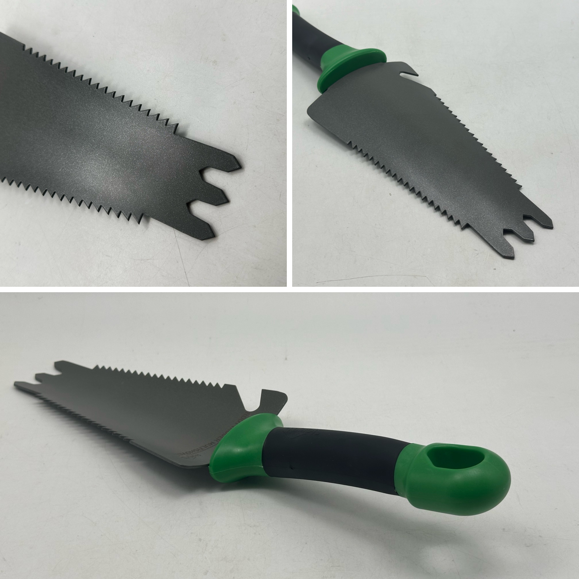Nahaufnahme einer Gartensäge mit schwarzer Klinge und grünem Griff.