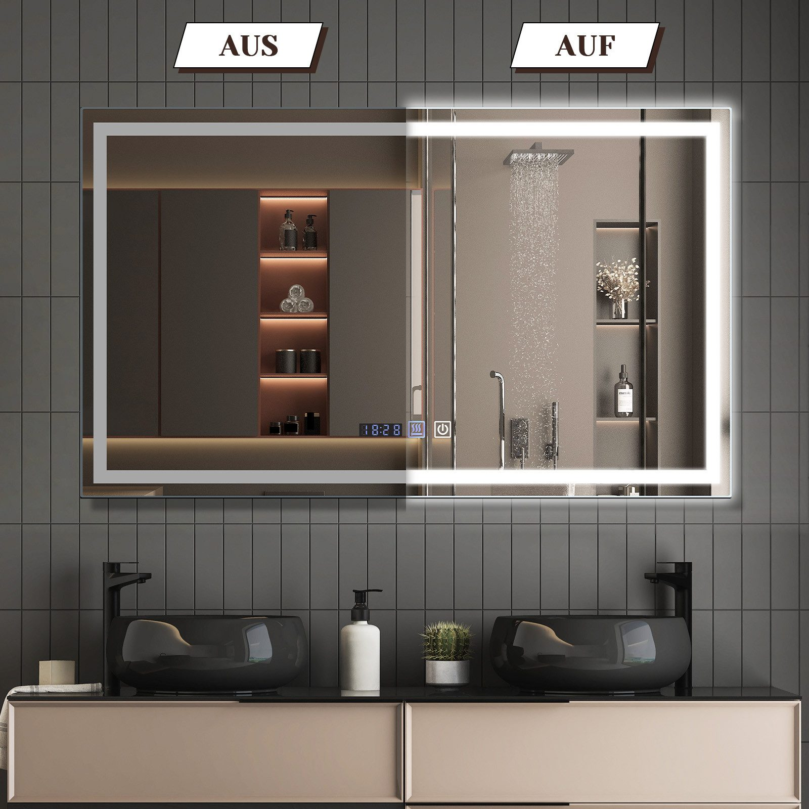 Moderner Badezimmerspiegel mit Beleuchtung an und aus. Zwei Waschbecken und ein Schrank im Vordergrund.