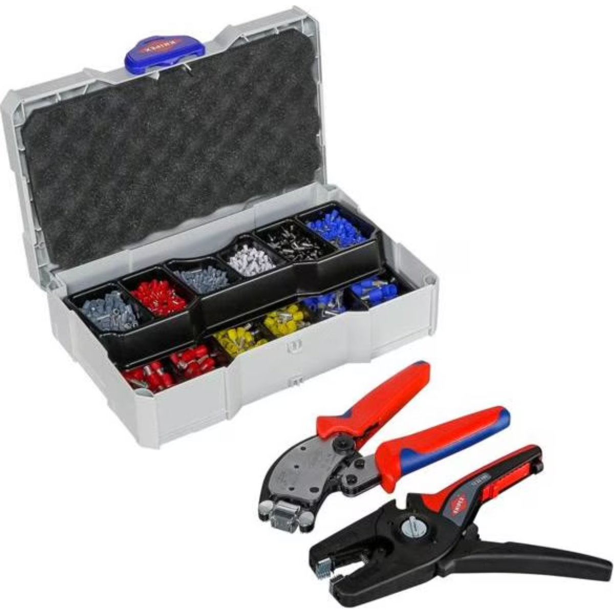 Caja de herramientas con conectores de cable y dos crimpadoras. Mangos rojos y negros.