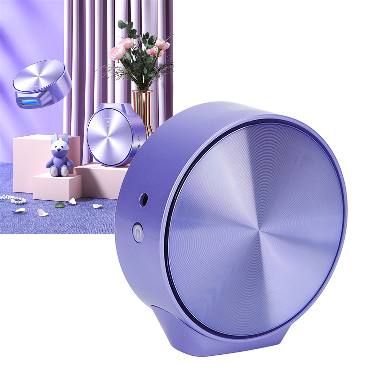 Ein lila-farbenes, abgerundetes elektronisches Gerät mit einem kleinen Einschaltknopf. Weitere lila Geräte und Blumen im Hintergrund.