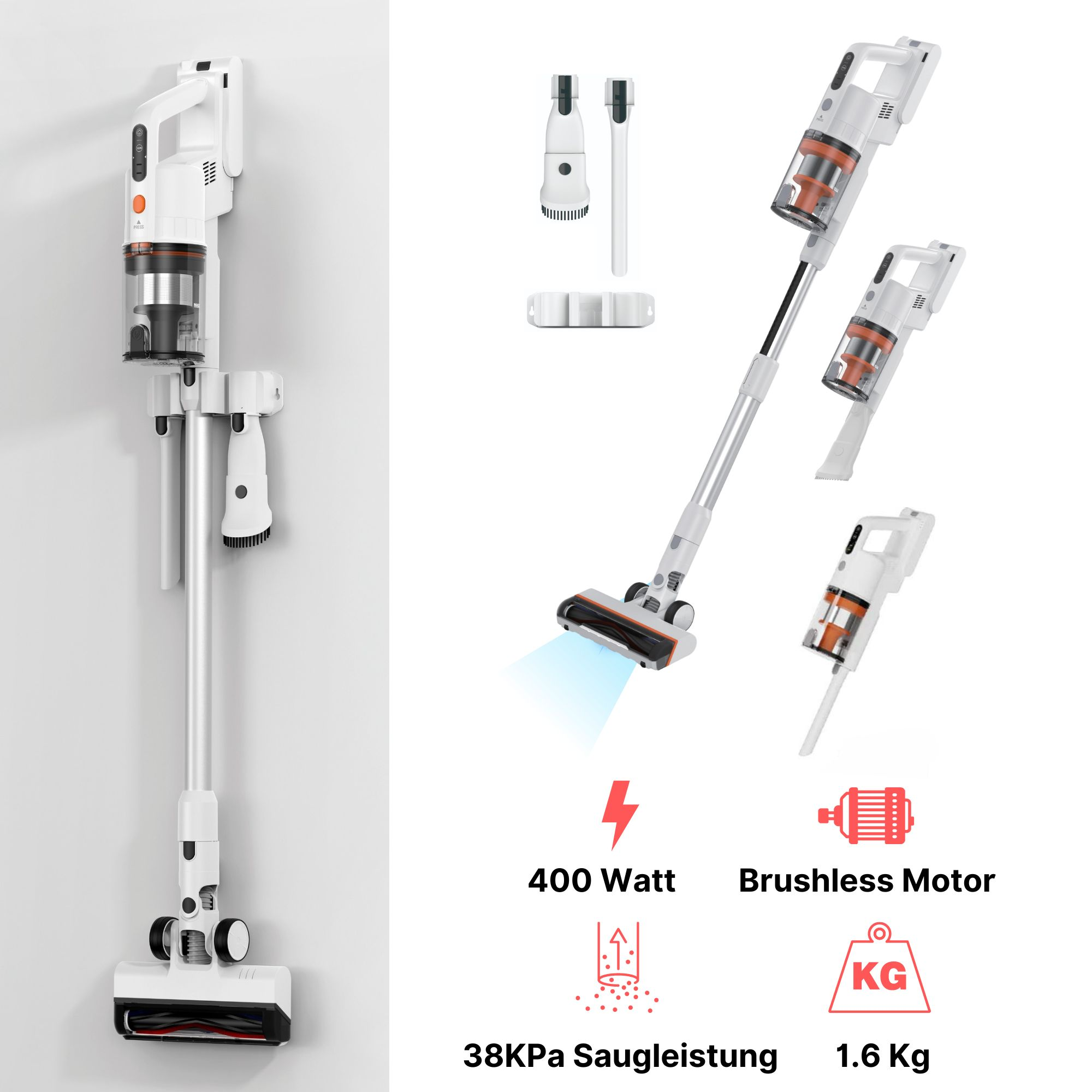Ein weißer kabelloser Staubsauger mit Zubehör und Spezifikationen: 400 Watt Leistung, bürstenloser Motor, 38 kPa Saugkraft, 1,6 kg.