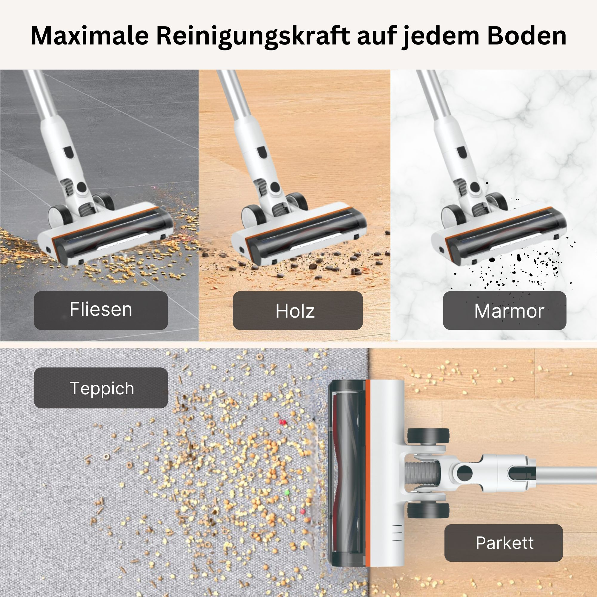 Staubsauger, der verschiedene Bodenbeläge reinigt, wie Fliesen, Holz und Teppich.