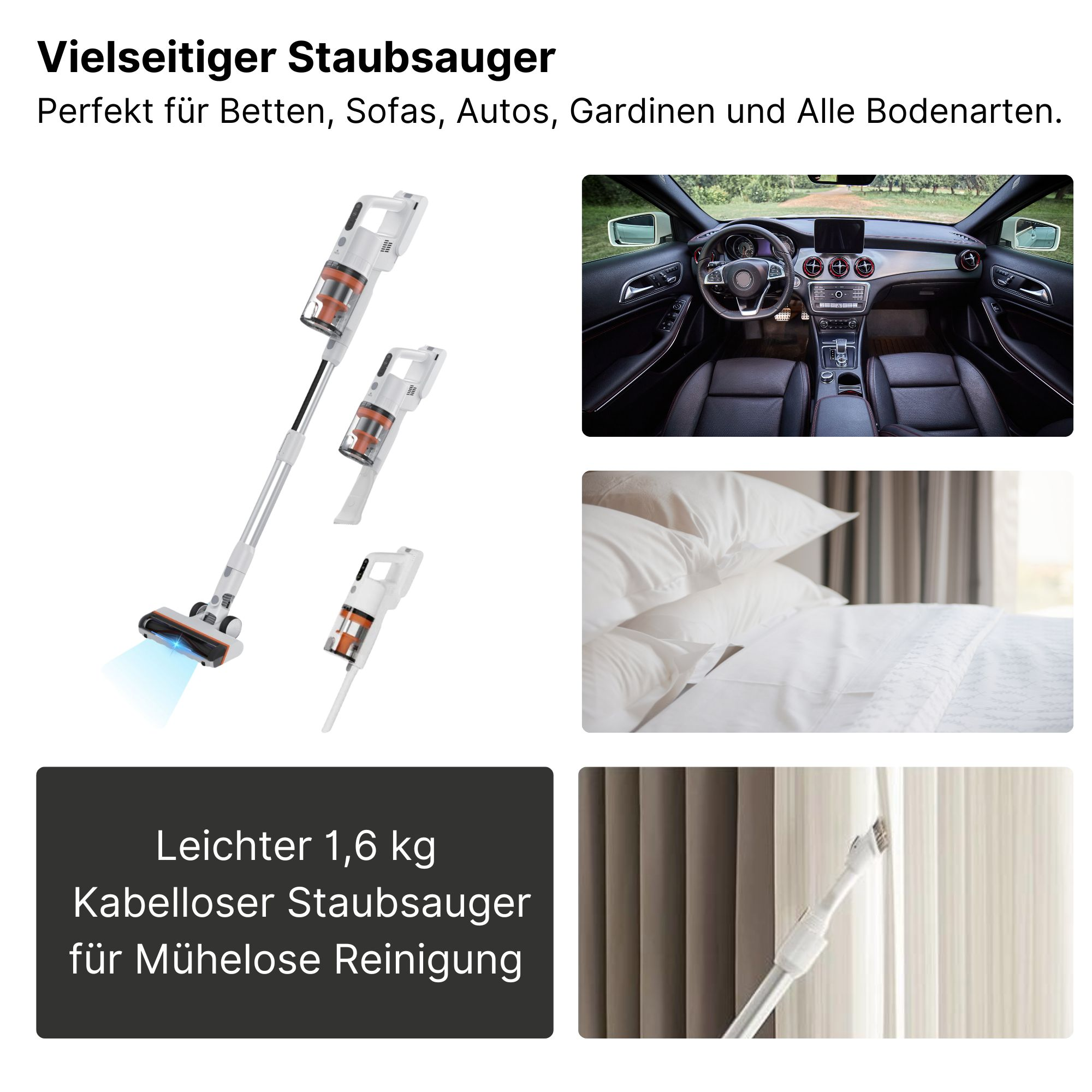 Verschiedene Bilder zeigen einen Staubsauger und sein Zubehör sowie das Innere eines Autos, Bettes und Vorhangs.