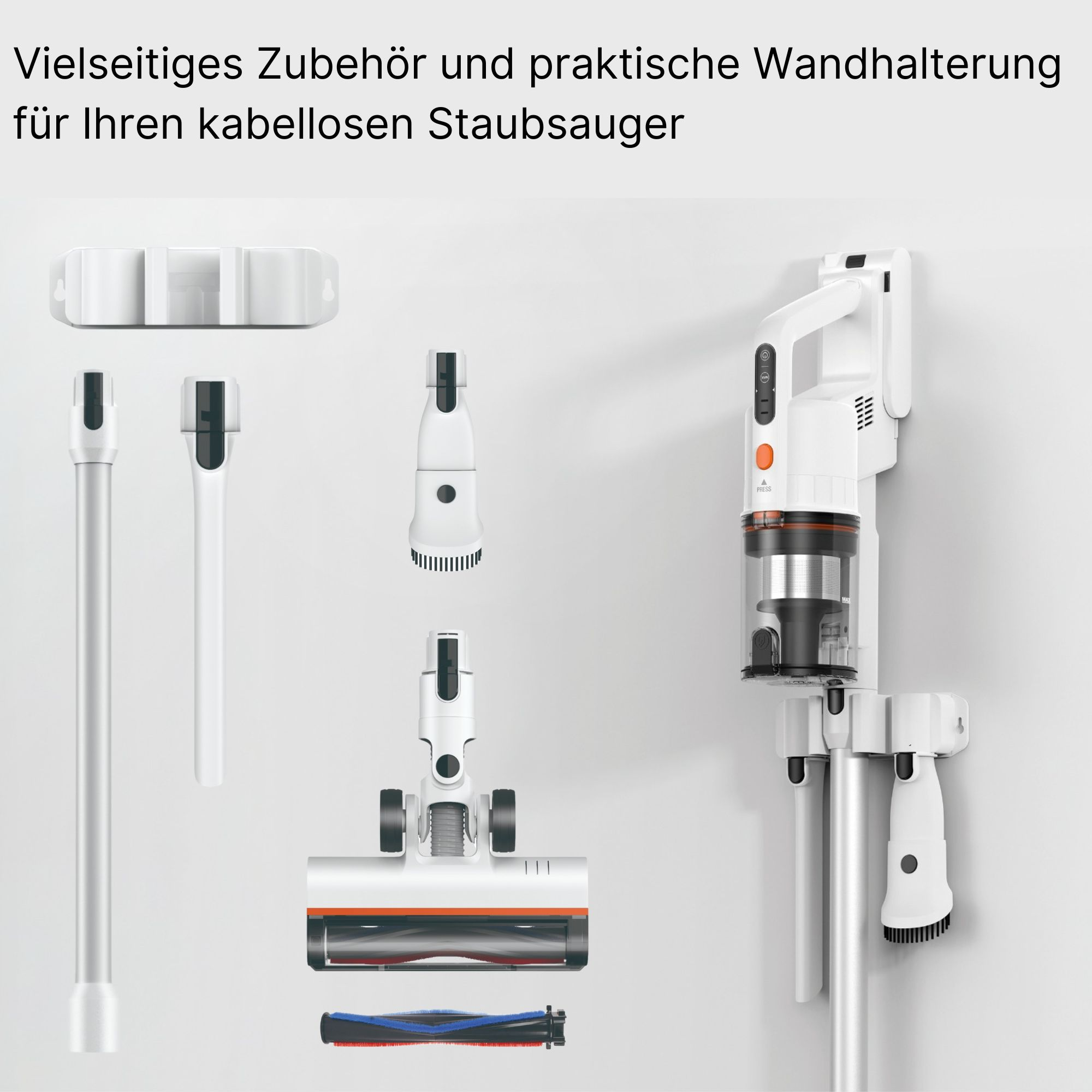 Verschiedenes Zubehör für einen kabellosen Staubsauger. Text: Vielseitiges Zubehör und praktische Wandhalterung.