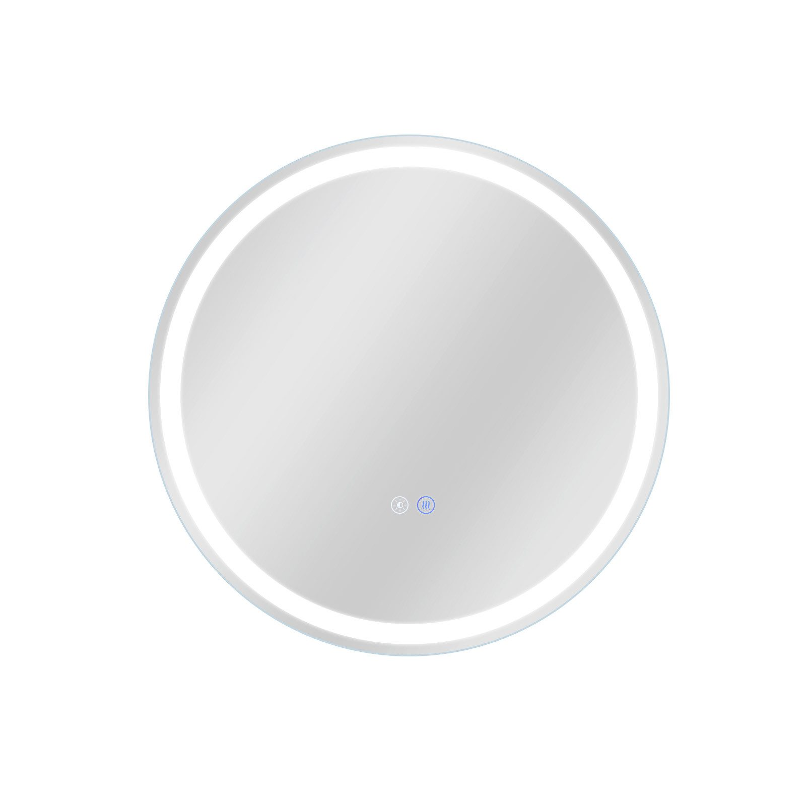 Okrągłe lustro z pierścieniem LED. Dwa przyciski na dole. Odbijająca powierzchnia i biała rama.