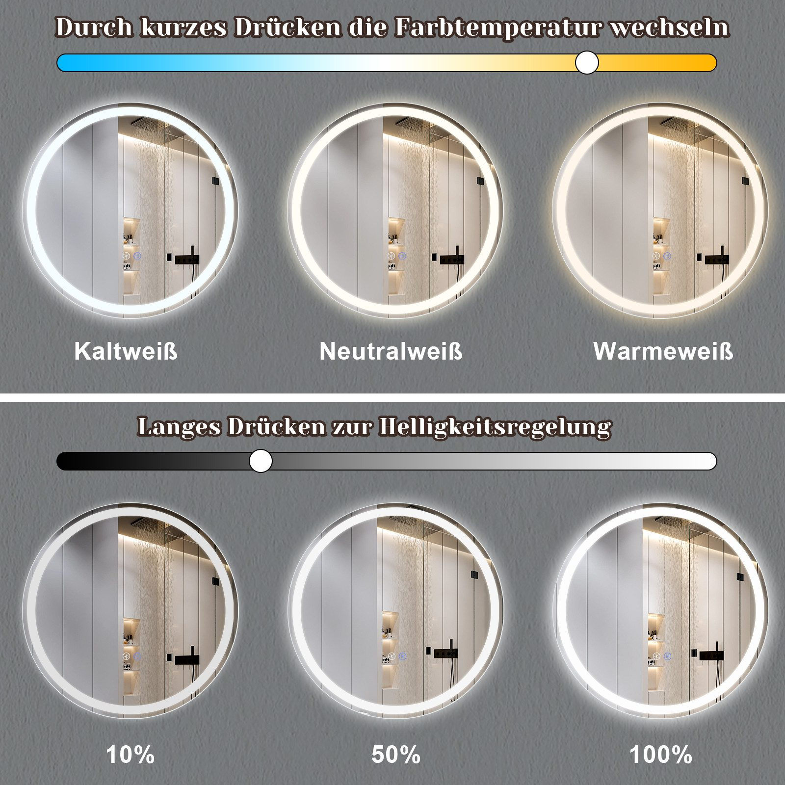 Trzy okrągłe podświetlane lustra, kontrola temperatury barwowej. Wyświetla Kaltweiß, Neutralweiß i Warmweiß.