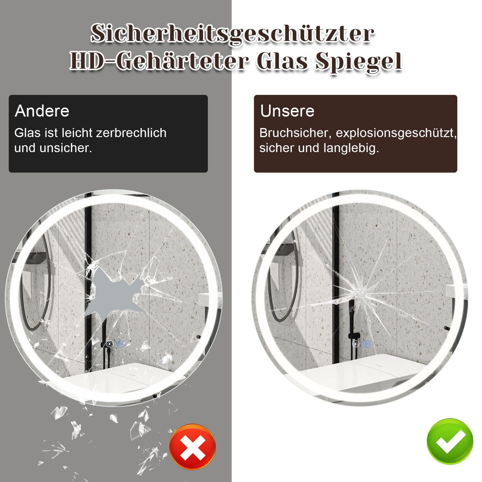 Dwa okrągłe lustra. Jedno jest pęknięte, a drugie nienaruszone. Tekst porównujący oba w języku niemieckim.