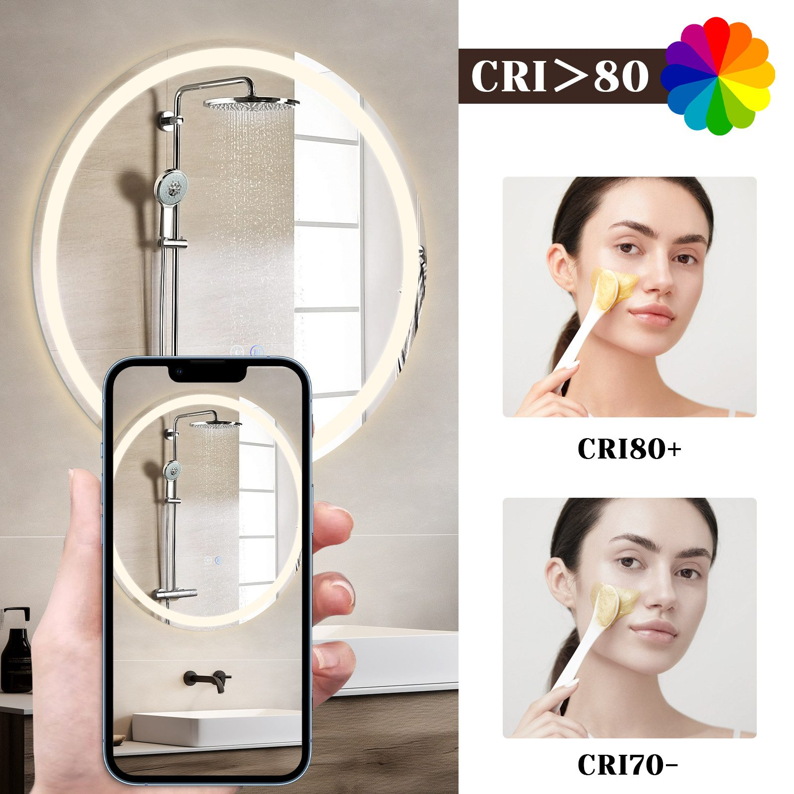 Łazienka z lustrem, prysznicem i kobietą nakładającą maseczkę na twarz.