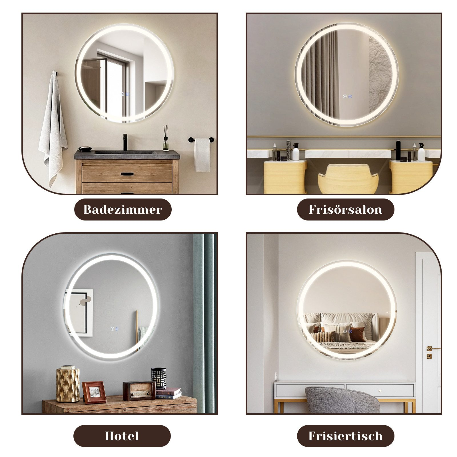 Cztery obrazy okrągłych luster ze światłami, w różnych ustawieniach pokoju.