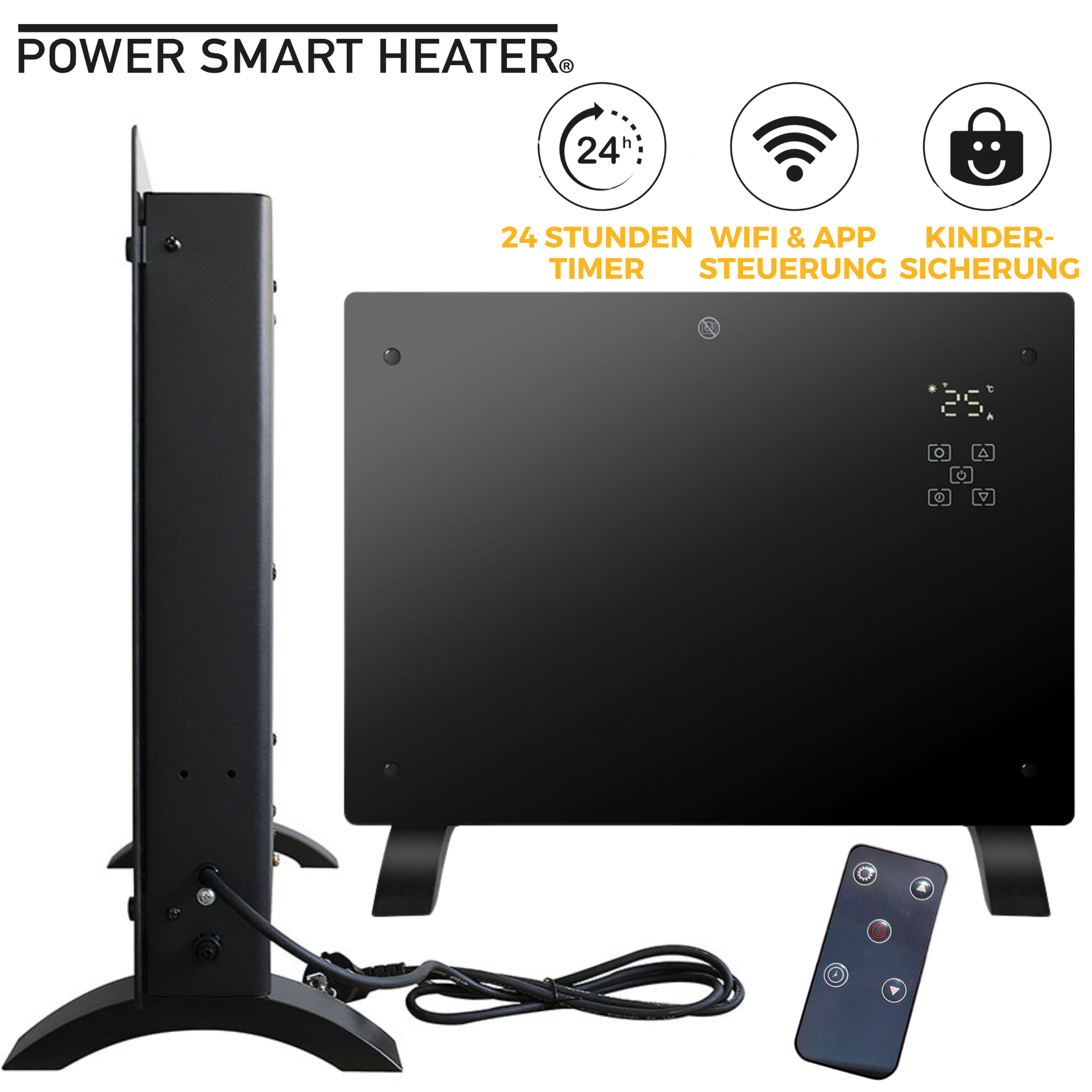 Schwarze Smart-Heizung mit Digitalanzeige, Ständer und Fernbedienung. Mit Timer, WLAN und Kindersicherung.
