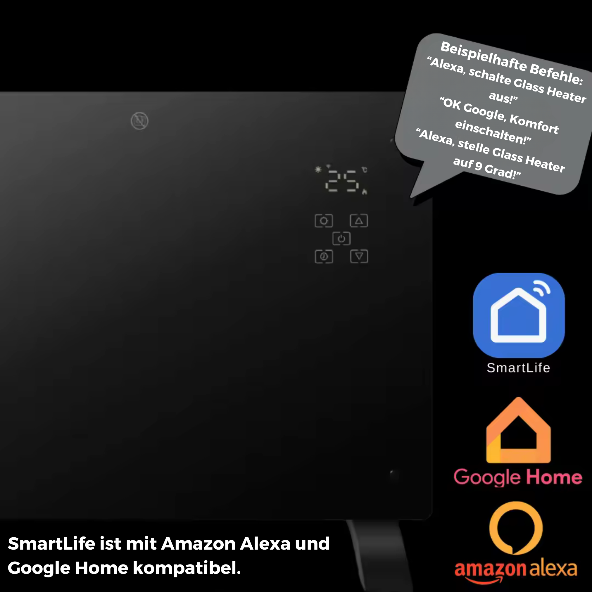 Ein schwarzer Heizkörper mit Digitalanzeige und Symbolen. SmartLife-, Google Home- und Alexa-Logos werden gezeigt.