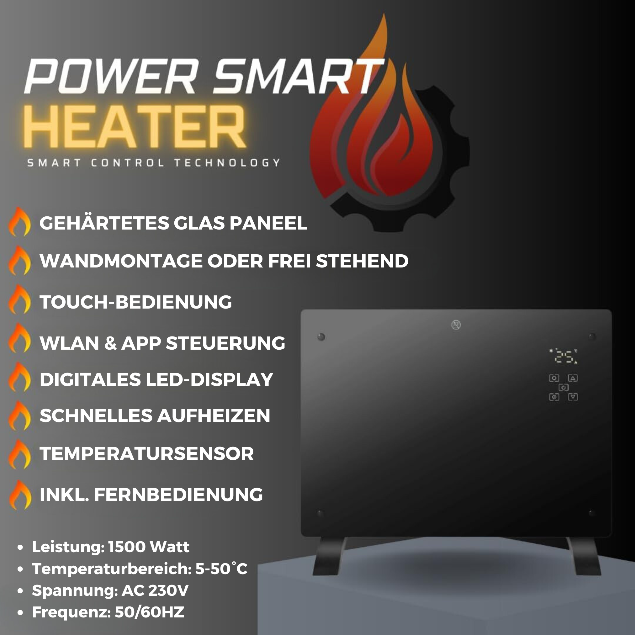 Schwarze Smart-Heizung mit Touch-Bedienung und LED-Anzeige. Textdetails zum Heizgerät sind unten.