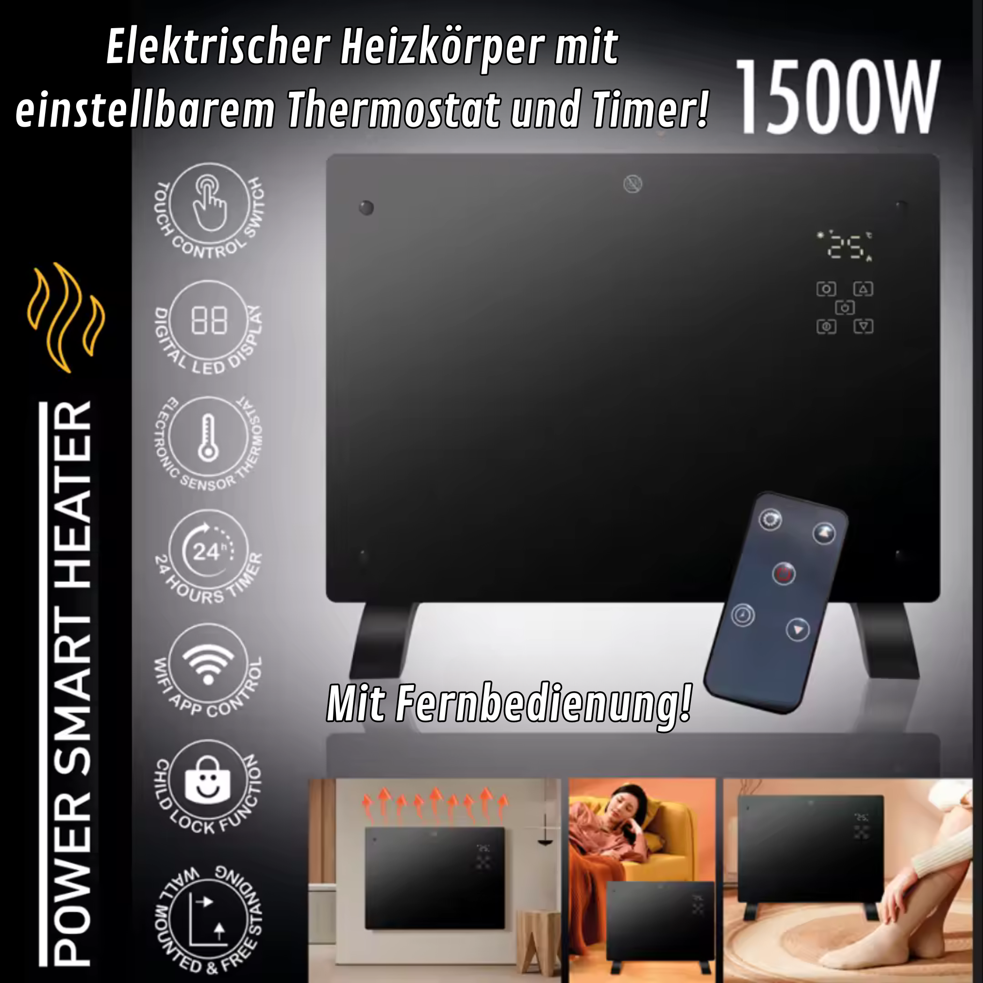 Schwarzer Heizkörper mit Text und Fernbedienung. Text: Power Smart Heater. Hintergrund zeigt eine Person, die ihn benutzt.
