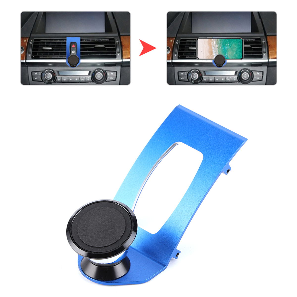 Blauer Telefonhalter mit magnetischem schwarzem Kreis, neben dem Armaturenbrett.