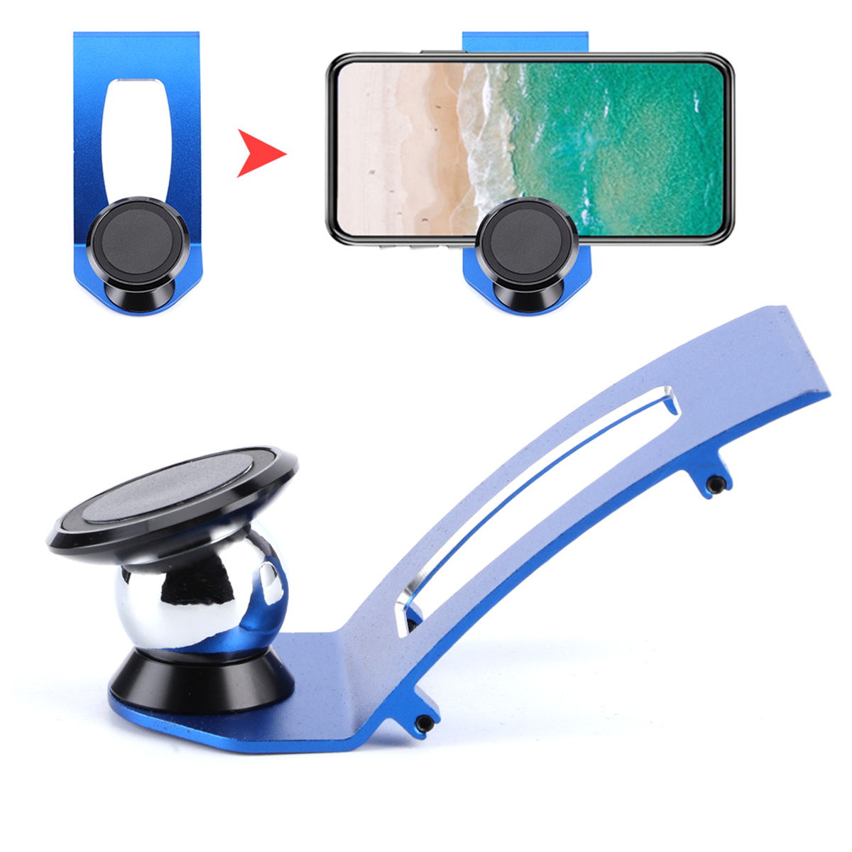 Ein blauer Telefonhalter mit einem Magnetball. Ein Telefon ist mit einem Strandhintergrund befestigt.