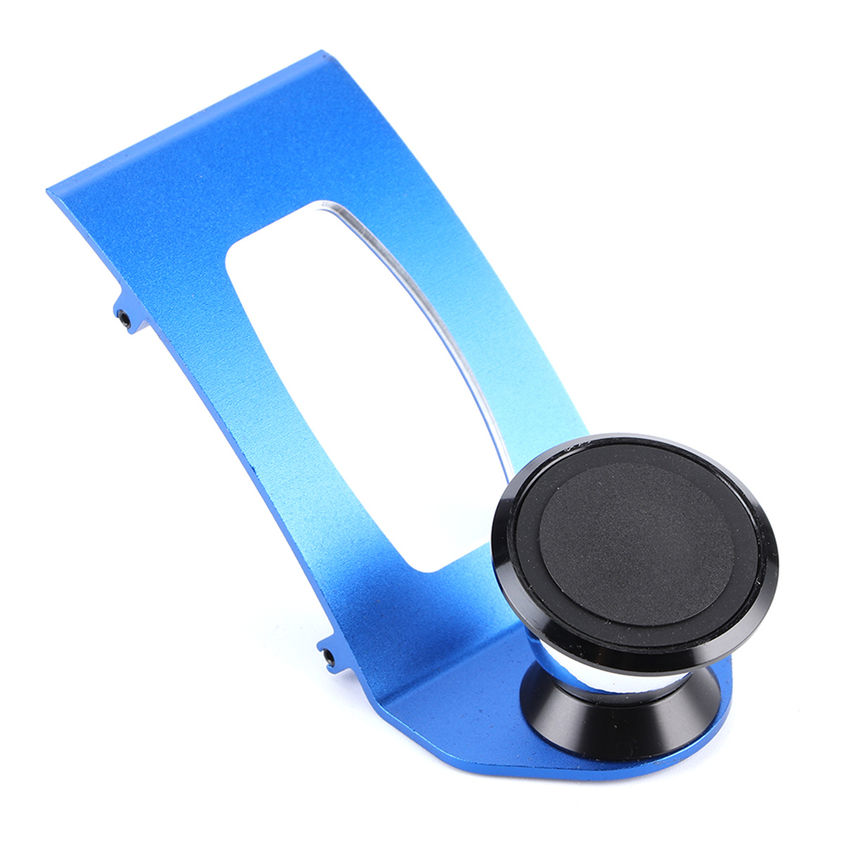 Ein blauer Telefonhalter mit schwarzem Magnetfuß und weißem Hintergrund.