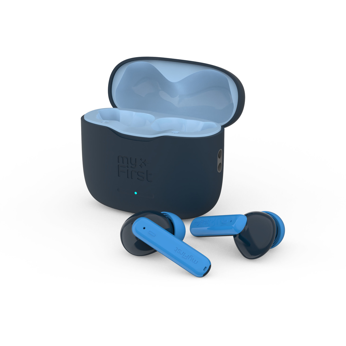 Kabellose blaue und schwarze Ohrhörer mit Ladecase. Das Case ist geöffnet, Innenansicht.