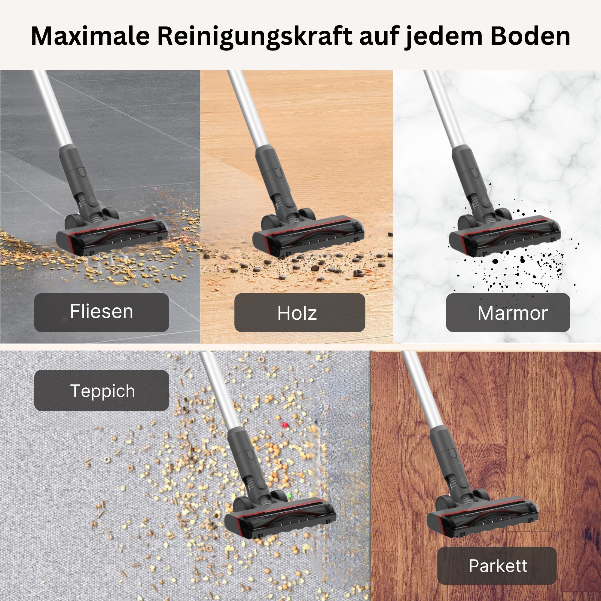 Ein Staubsaugerkopf reinigt verschiedene Oberflächen: Fliesen, Holz, Marmor, Teppich und Parkett.
