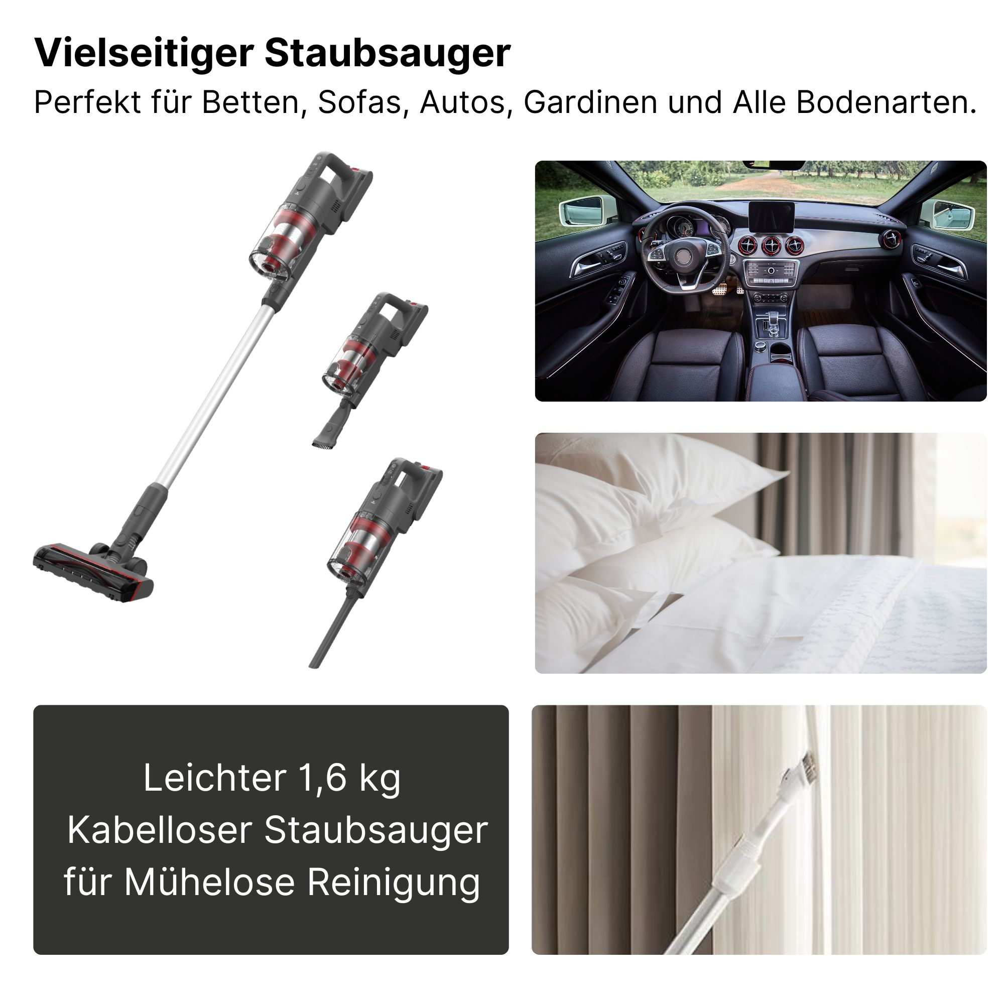 Ein Handstaubsauger. Fotos eines Autoinnenraums, eines Bettes und eines Vorhangs befinden sich rechts.