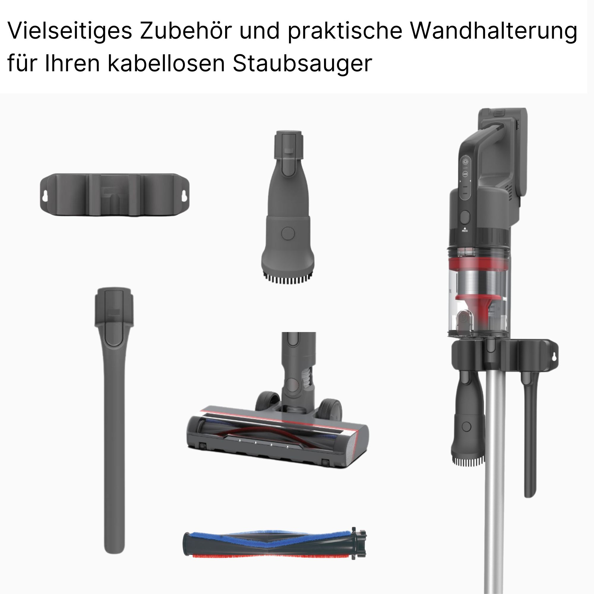 Zubehör für Staubsauger. Enthält verschiedene Bürsten, Aufsätze und eine Wandhalterung.