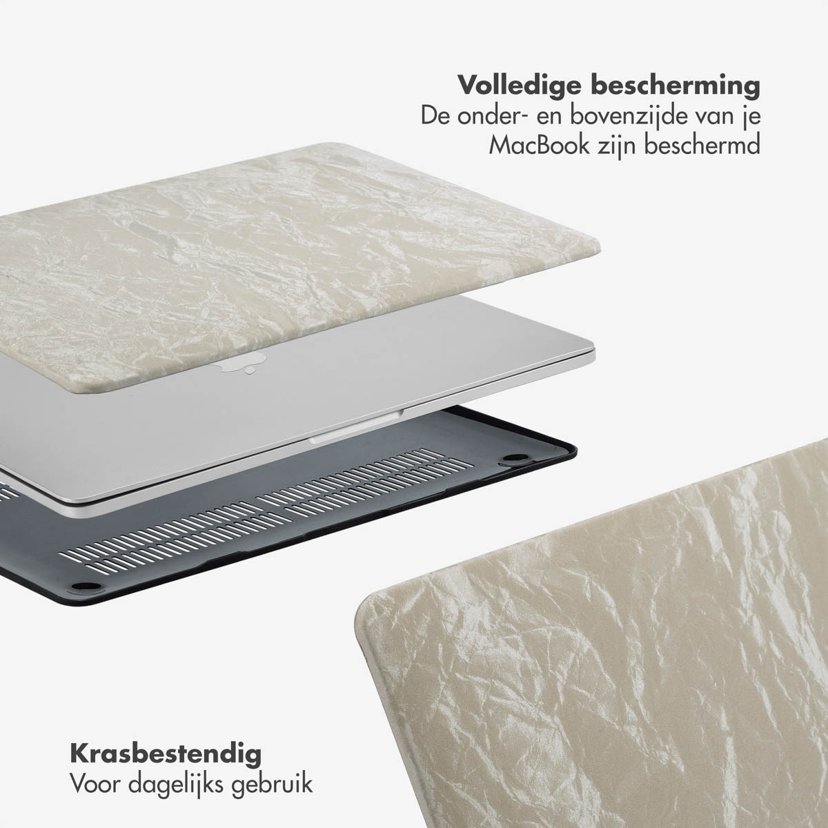 MacBook cover case with layers, white background and text, close-up, white-grey colors.
