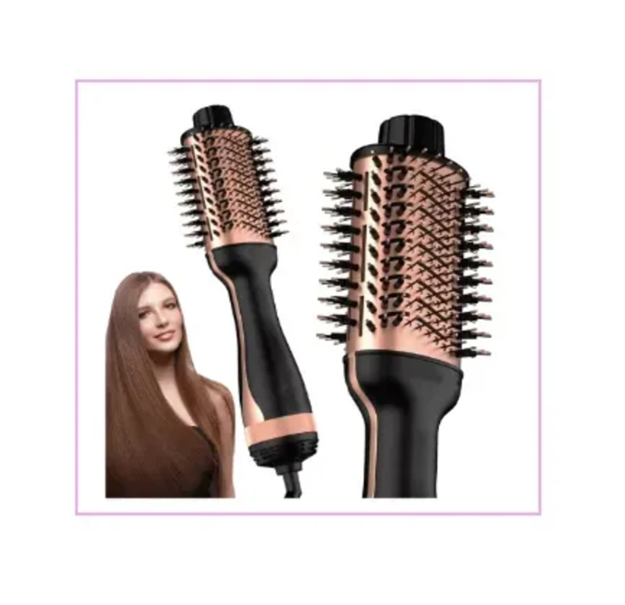 Un cepillo para peinar el cabello con una mujer con cabello largo en el fondo y un fondo blanco.