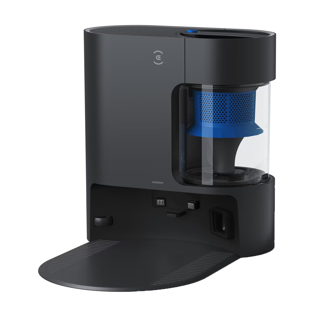 Czarna, cylindryczna podstawa robota odkurzającego, niebieski filtr i otwarte dno.