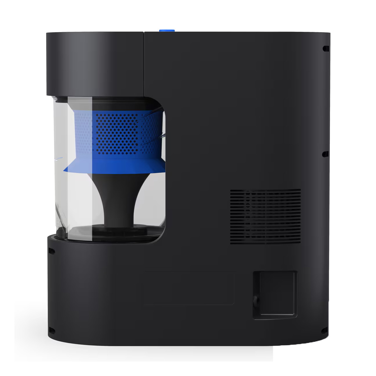 Czarny i niebieski odkurzacz z przezroczystym pojemnikiem i niebieskim filtrem. Widok z boku.