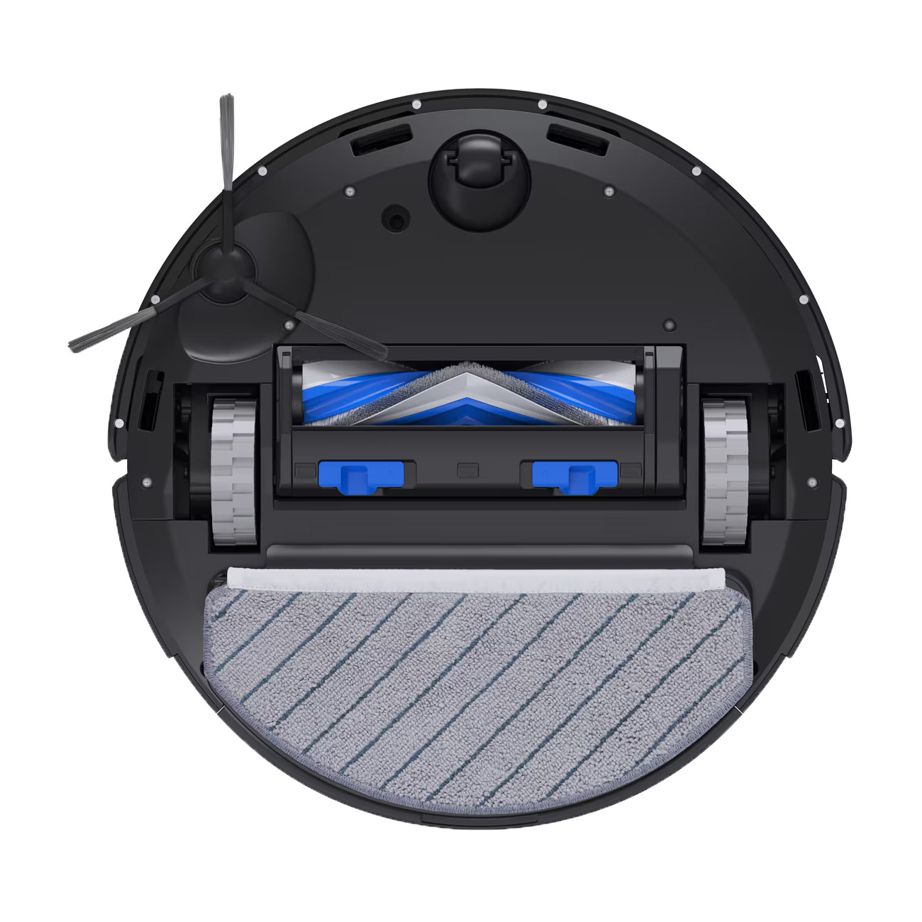 Odkurzacz robot, czarny z niebieskimi i białymi elementami, okrągły kształt, widok od dołu ze szczotkami.
