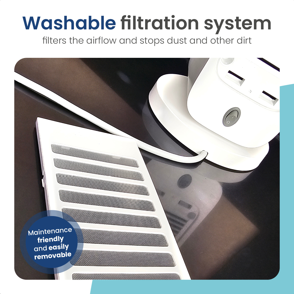Weißer Filter mit schwarzem Gitter, weißer Hintergrund. Text über das waschbare Filtersystem.