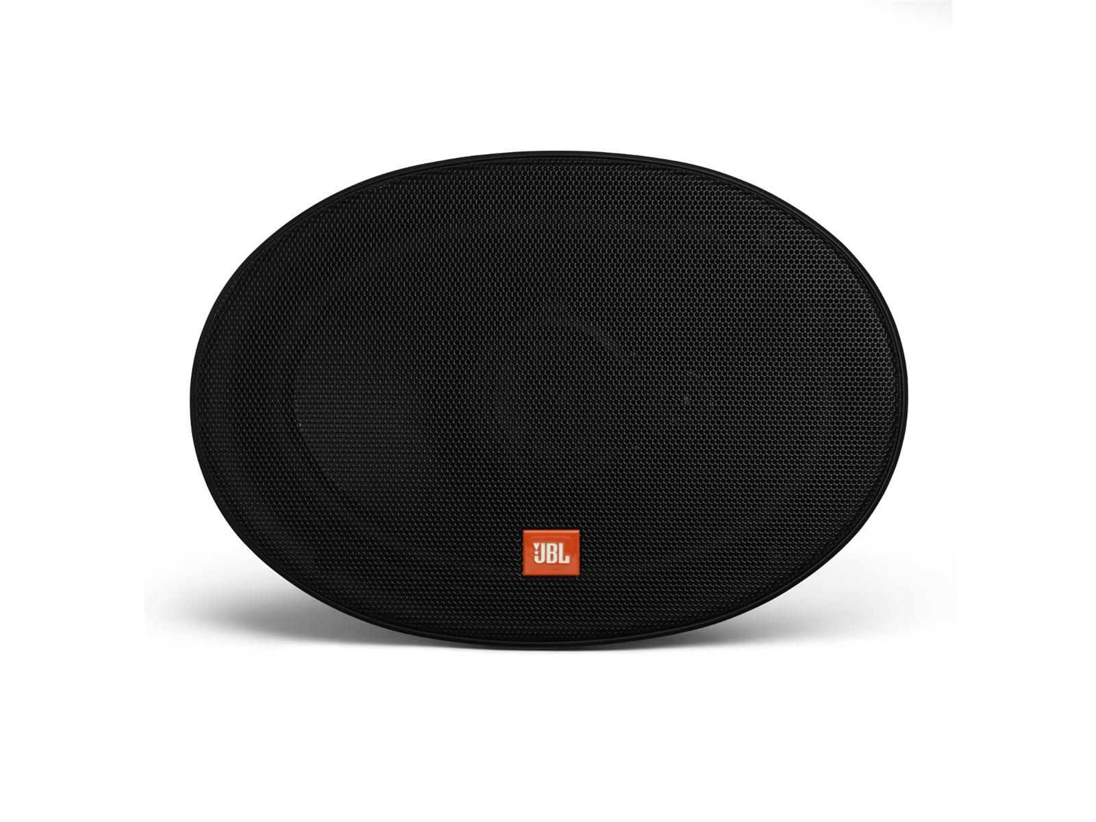 Haut-parleur ovale noir avec le logo JBL en orange.