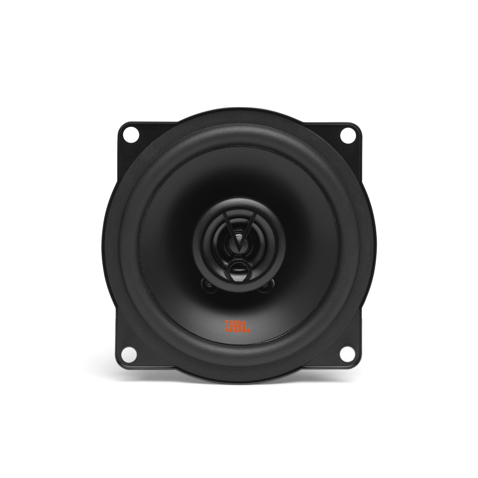 Altoparlante per auto nero con design rotondo e logo JBL arancione al centro.