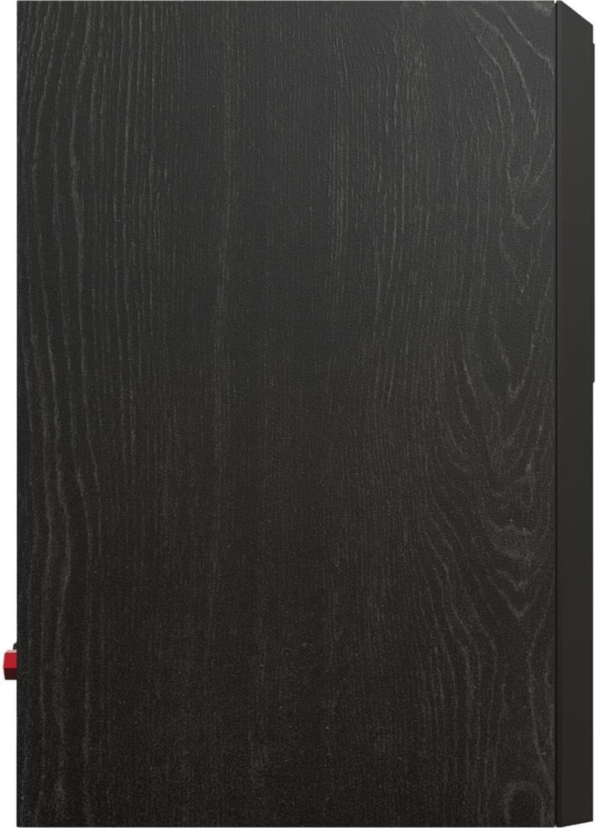 Lato di un mobile nero con venature del legno e un piccolo elemento rosso sul lato sinistro.
