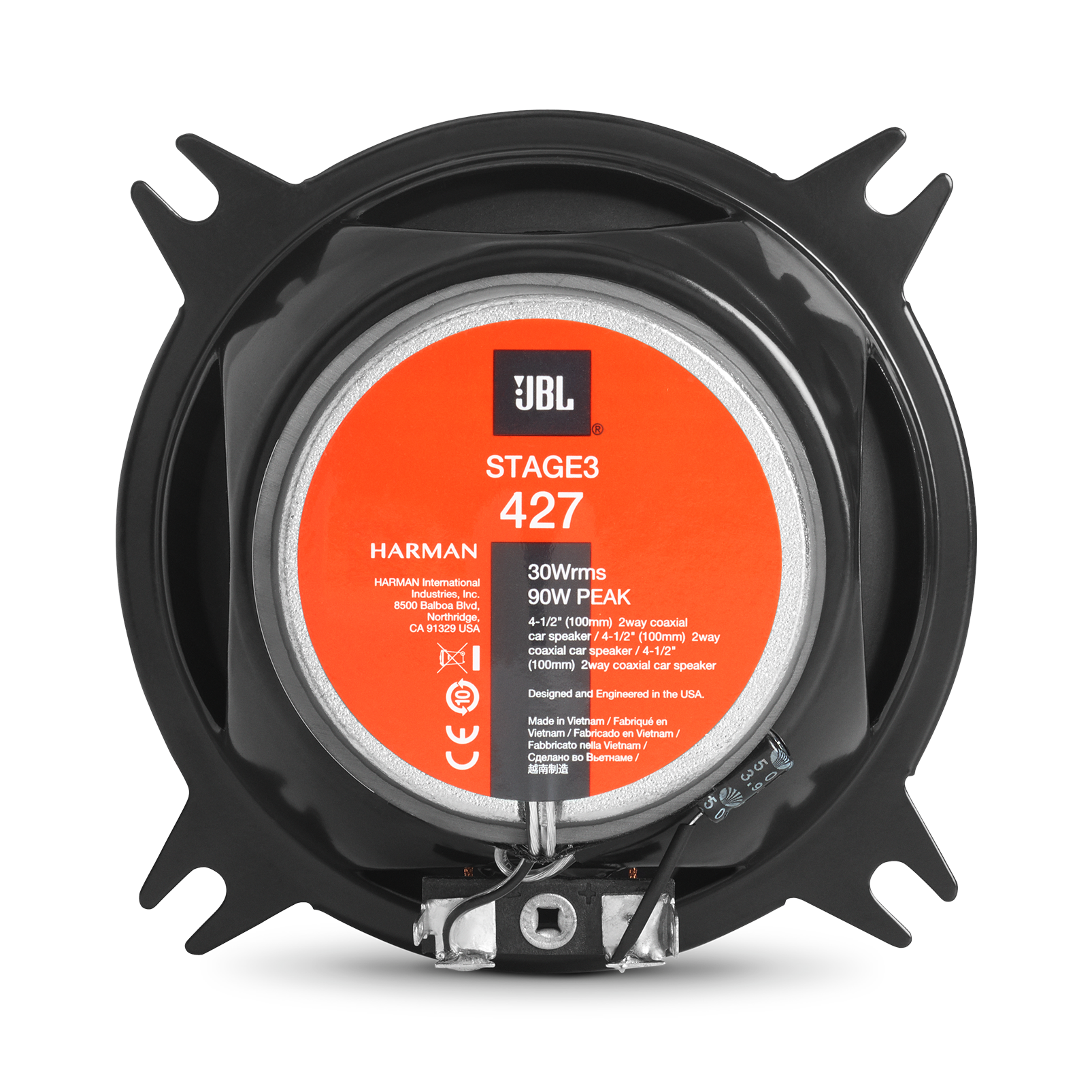 Haut-parleur JBL Stage3 427. C'est un haut-parleur noir et orange. Les informations sont imprimées sur le devant du haut-parleur.