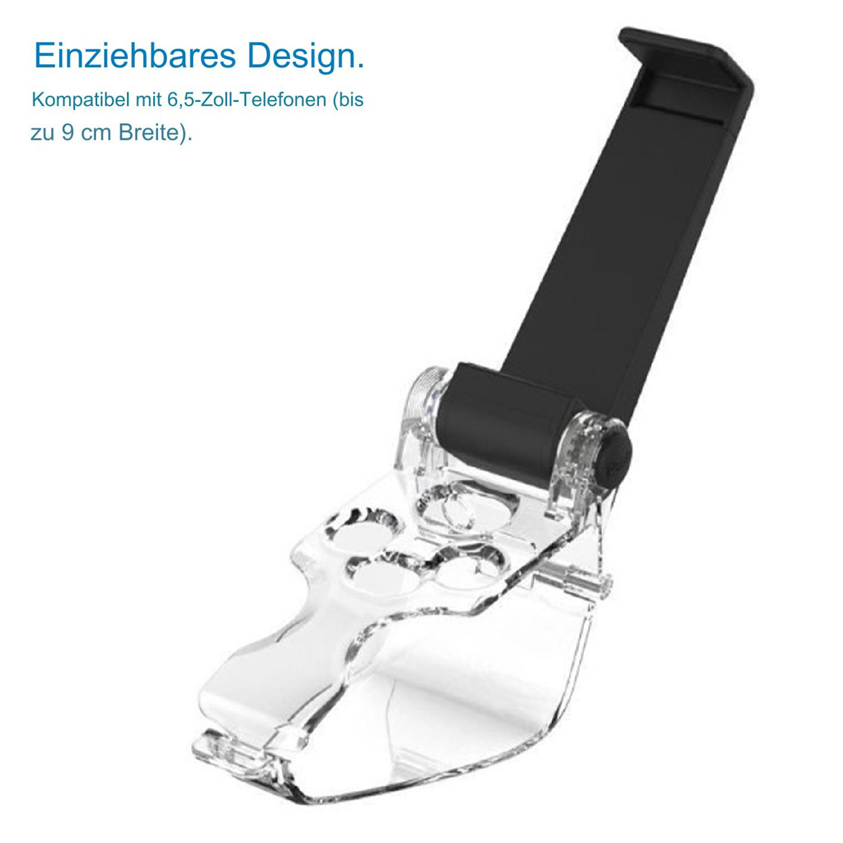 Schwarzer Telefonclip für einen Gamecontroller. Lässt sich ausziehen, um ein Telefon zu halten. Text: 'Einziehbares Design'.