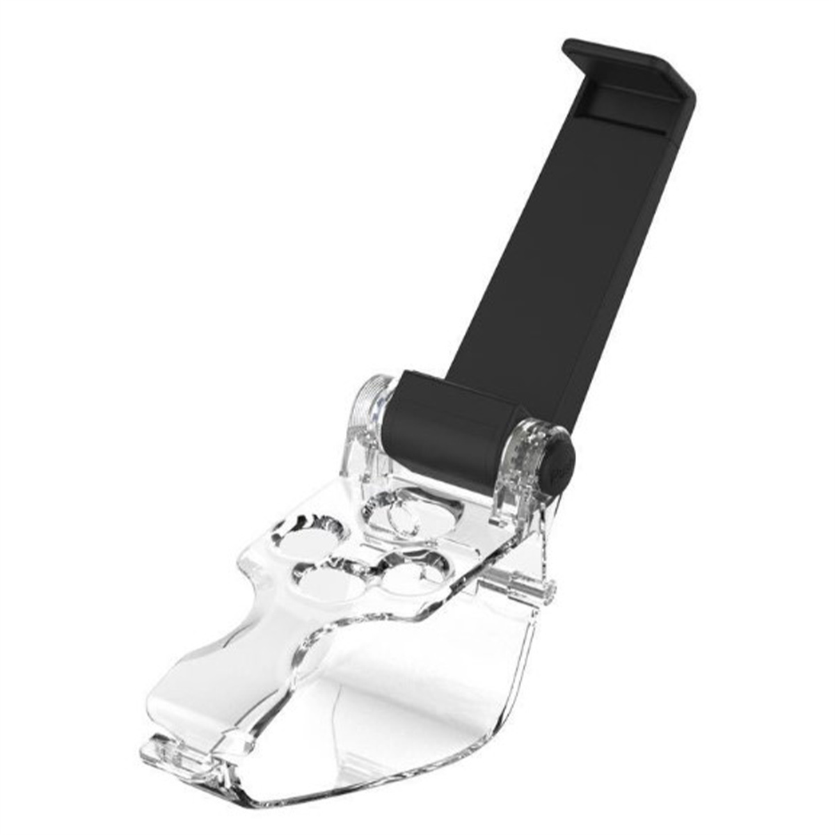 Transparenter Telefon- oder Controller-Halter mit schwarzer Verlängerung. Weißer Hintergrund.