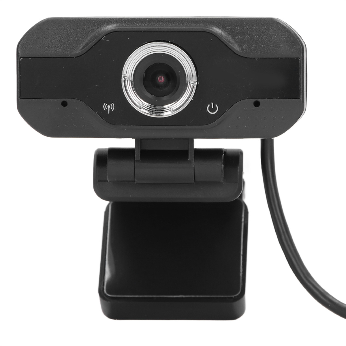 Eine schwarze Webcam mit runder Linse, Ein-/Aus-Taste und Kontrollleuchte. Sie hat einen schwarzen Ständer und ein Kabel.