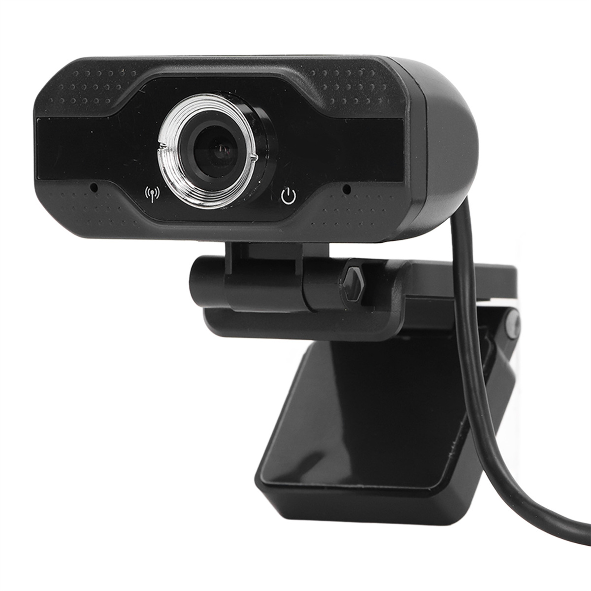 Eine schwarze Webcam auf weißem Hintergrund, mit einem Clip zur Befestigung an einem Monitor.