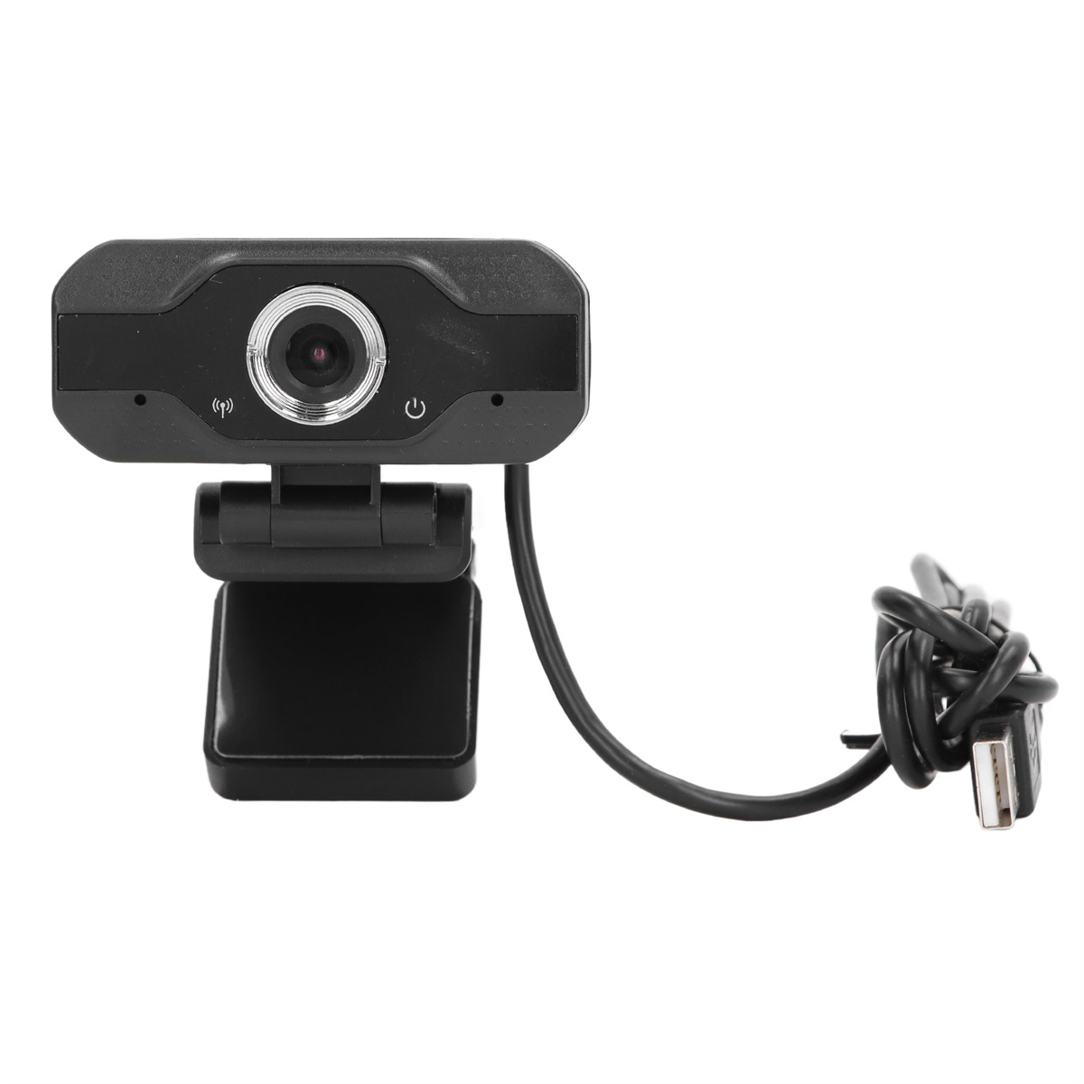 Schwarze Webcam mit Linse und schwarzem Kabel mit USB-Anschluss.