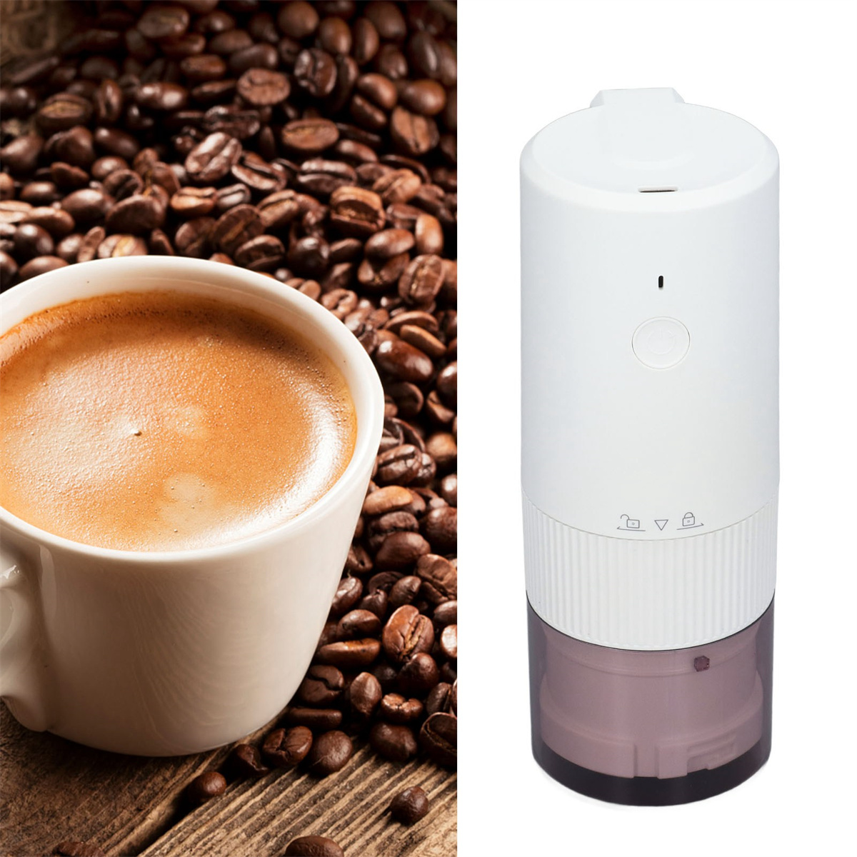 Eine Tasse Kaffee neben einer weißen Kaffeemühle mit Kaffeebohnen auf einer Holzoberfläche.
