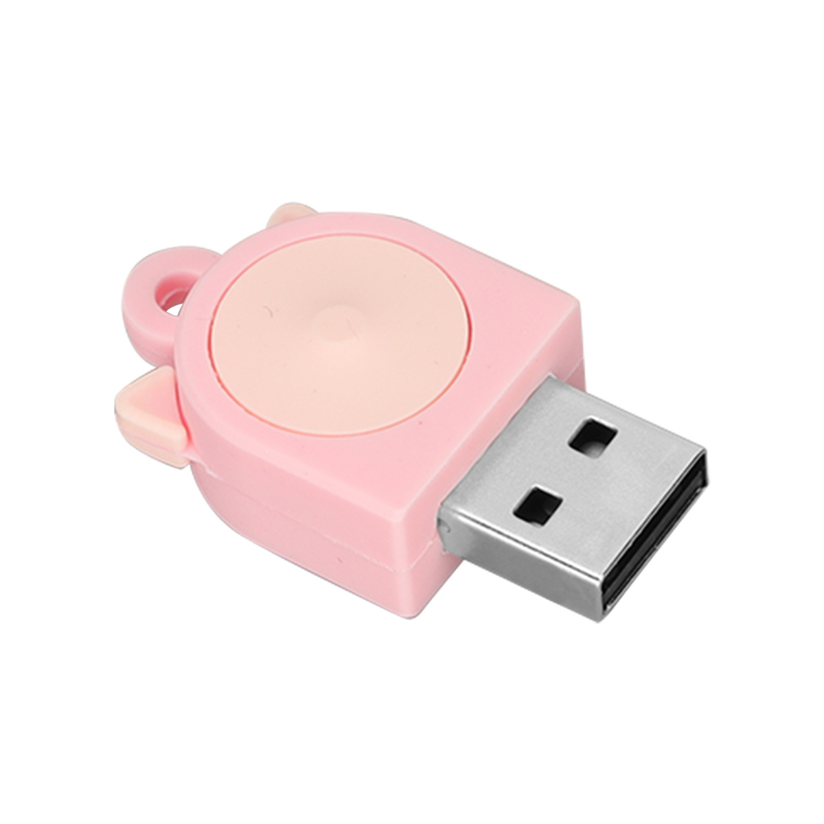 Rosa USB-Stick, als Bär gestaltet, mit USB-Anschluss, auf weißem Hintergrund.