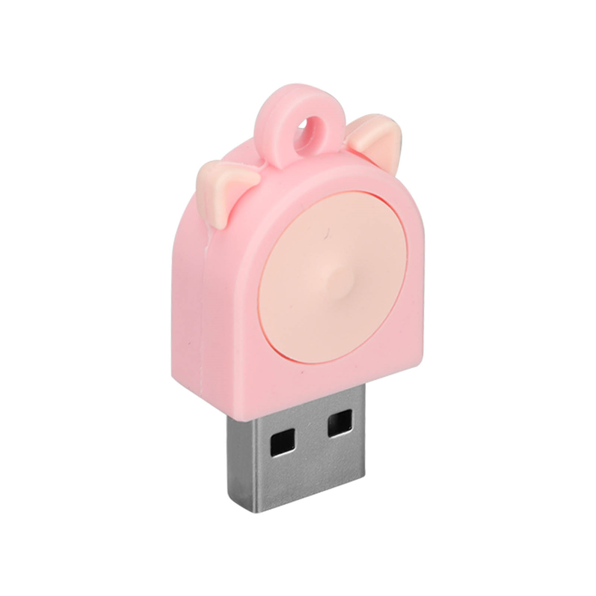 Ein rosa USB-Stick in Schweinchenform mit hellrosa Gesicht und zwei Ohren.