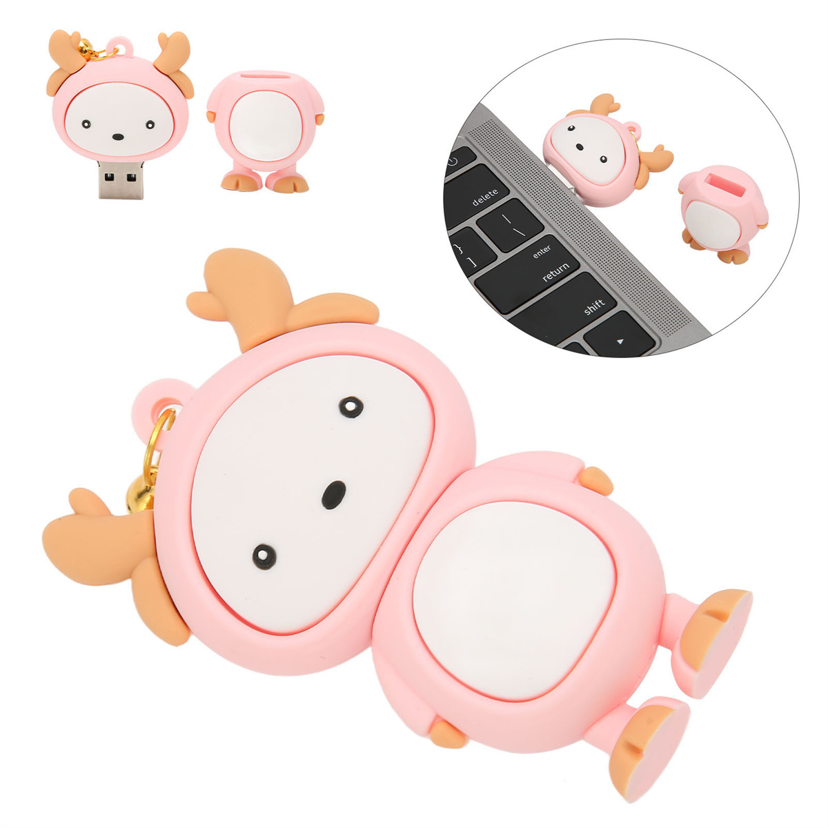 Rosa Rentier-USB-Sticks und Zubehör, einschließlich USB-Stick und Schlüsselanhänger.