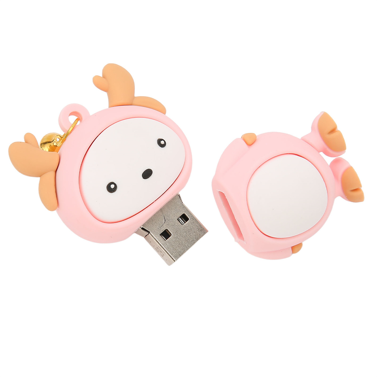 Niedlicher rosa USB-Stick, geformt wie ein Reh oder Rentier, in zwei Teilen.