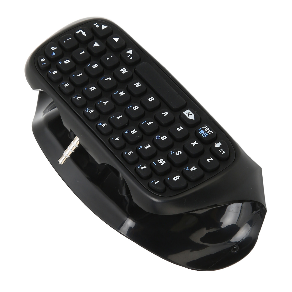 Schwarze Mini-Tastatur mit Tasten und Halterung. Weißer Hintergrund.