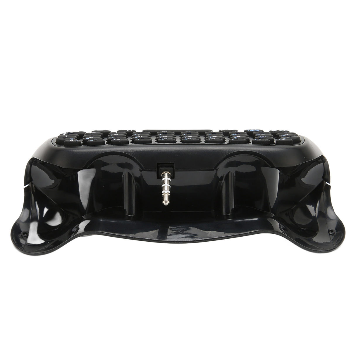 Schwarze Tastatur mit abgewinkeltem Design und Klinkeneingang.