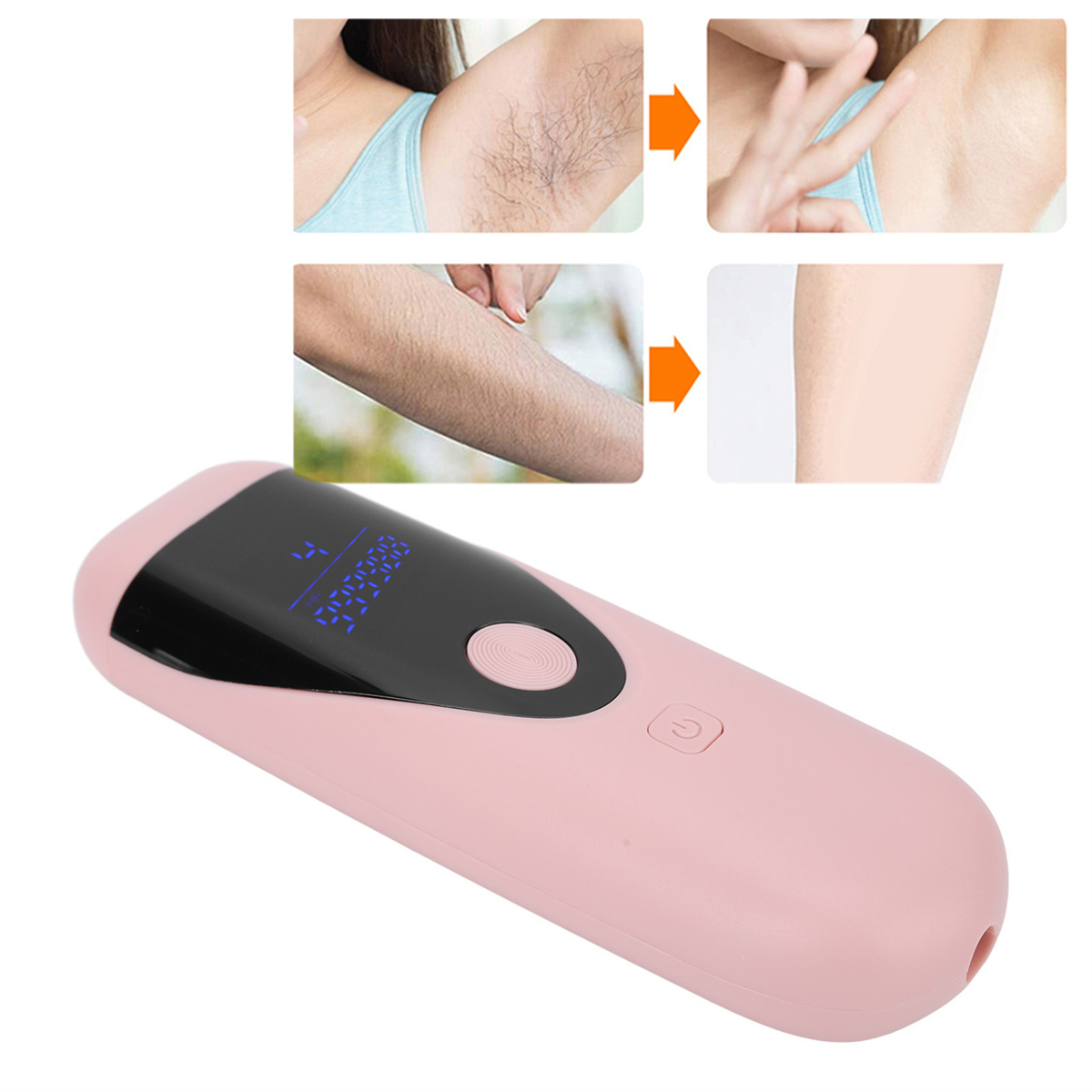 Ein rosa Haarentfernungsgerät mit Bildschirm, neben Bildern der Achselhaarentfernung.