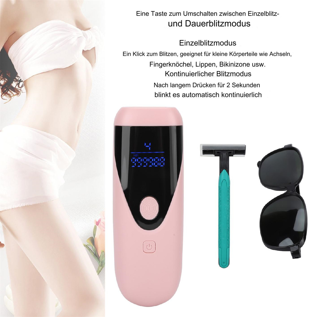 Rosa Laser-Haarentfernungsgerät, Rasierer und Sonnenbrille auf weißer Oberfläche.