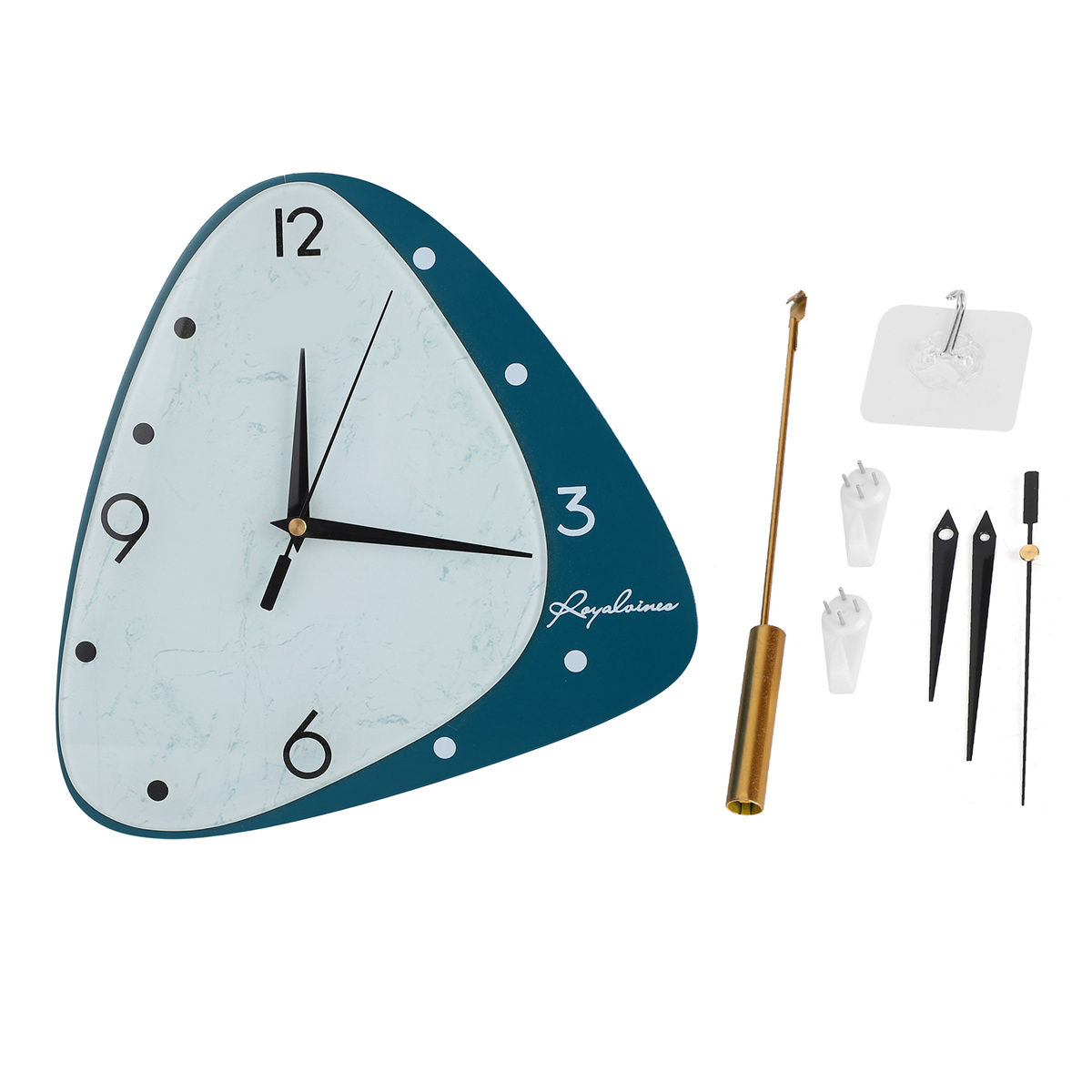 Eine dreieckige Uhr mit tealfarbenem Rahmen, Uhrwerk und Zeigern.